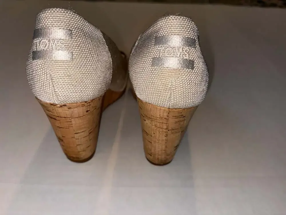 TOMS Women's Open-Toe Cork Wedge Heel Sandals in Off-White Canvas